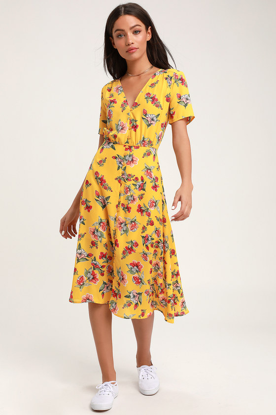 Yellow Floral Print Dress - Button ...